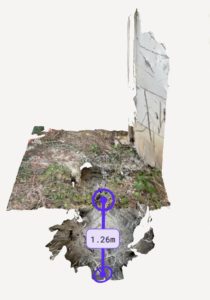BATI-IDF modélisation 3D photogrammétrique de la cavité réalisée après diagnostic et avant comblement — profondeur mesurée 1,26 m, en pied de bâtiment de copropriété — Antony (92).
