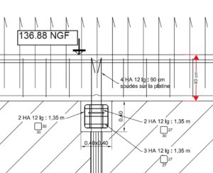 BATI-IDF coupe type du ferraillage : massif et longrine en béton armé en tête de micropieu — étude d'exécution, Château de Villers-Cotterêts (02)