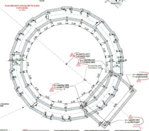 Plan de panneautage du puits circulaire : tracé des murettes-guides « à facettes » de la paroi moulée — siphon Ilet, Le Havre (76).